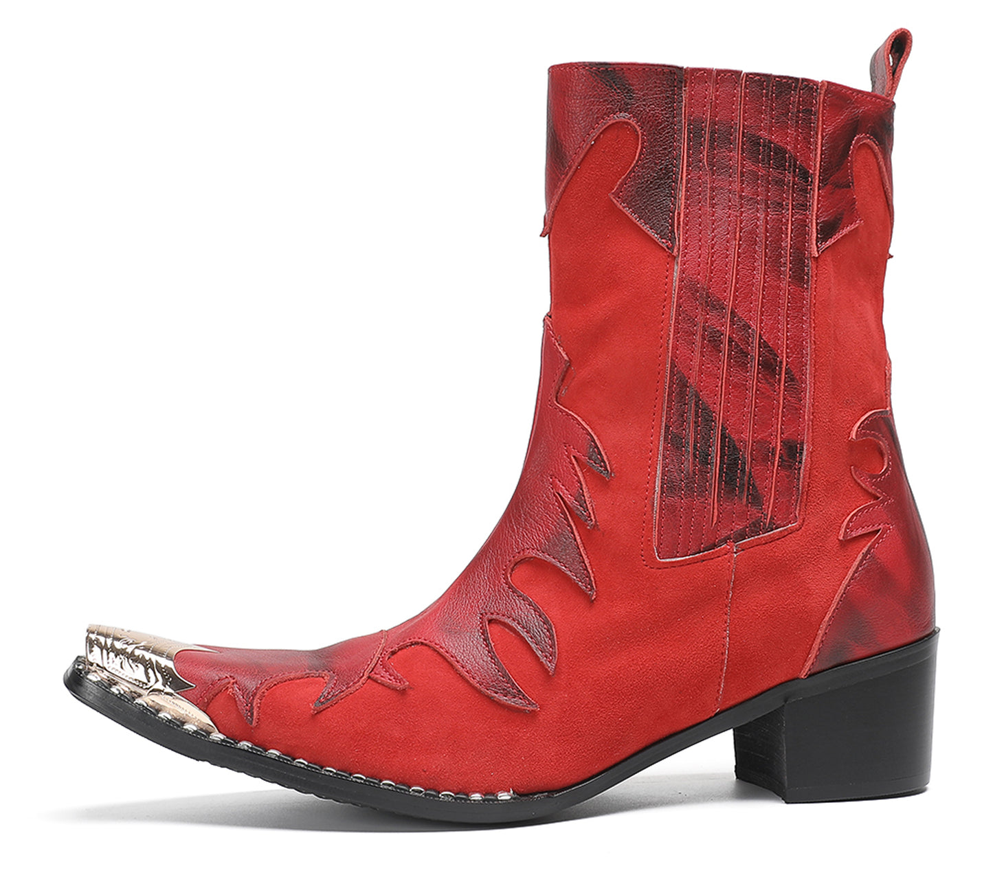 Mens Red Leather Flame Overlay Suede Block Heel Cowboy Western Boots