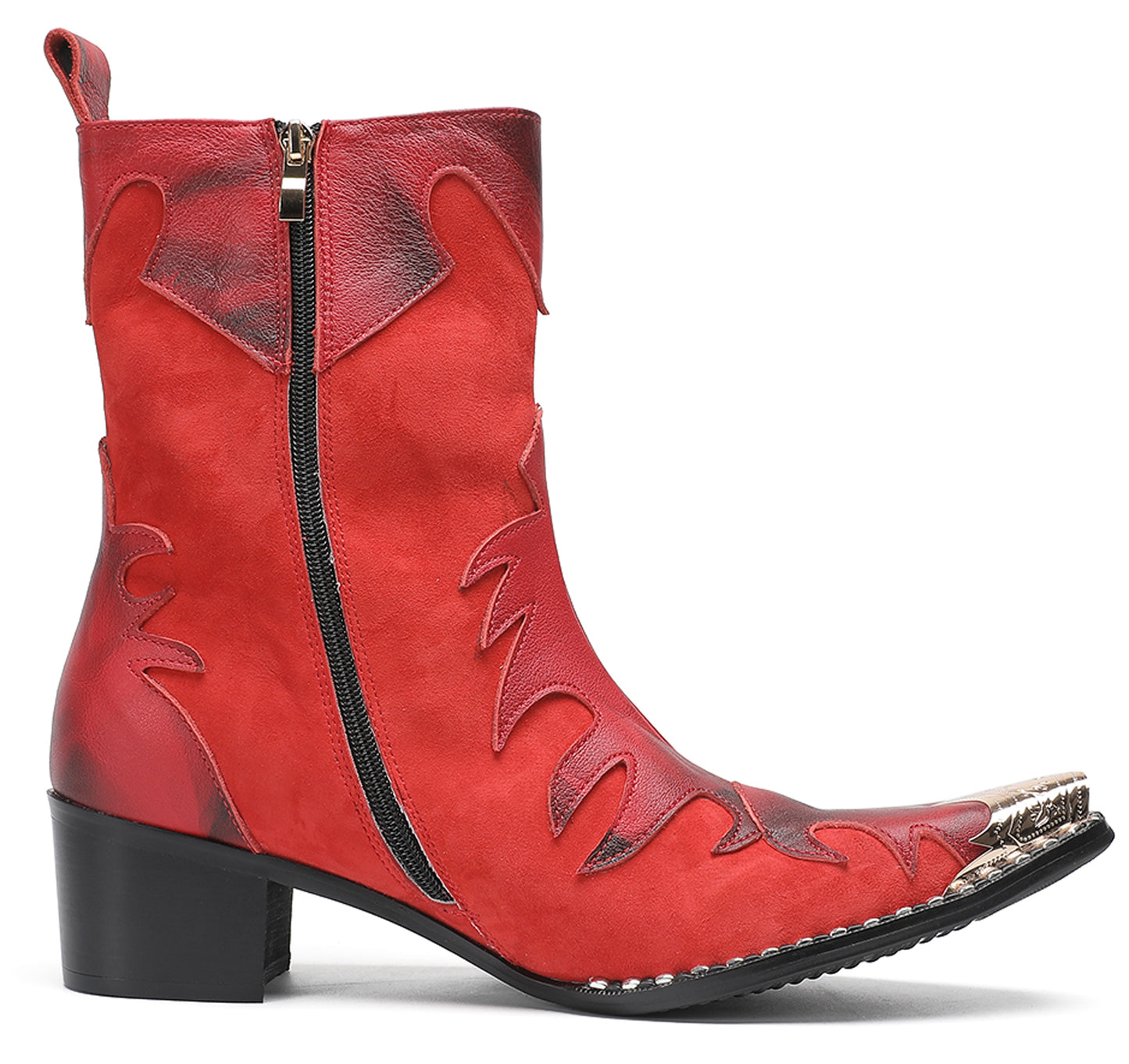 Mens Red Leather Flame Overlay Suede Block Heel Cowboy Western Boots