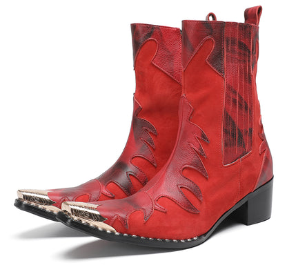 Mens Red Leather Flame Overlay Suede Block Heel Cowboy Western Boots