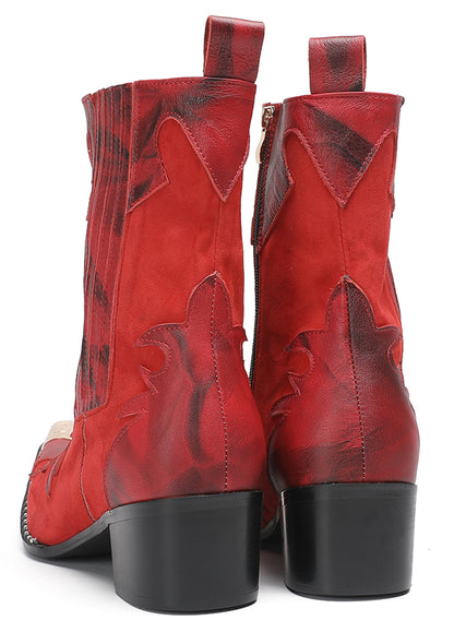 Mens Red Leather Flame Overlay Suede Block Heel Cowboy Western Boots