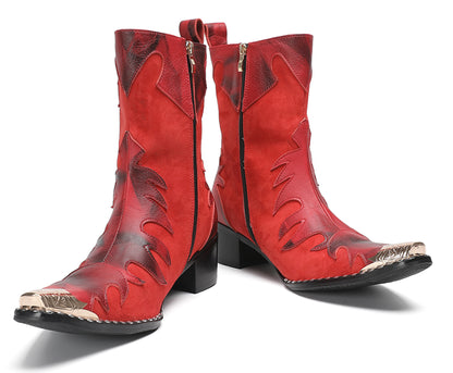 Mens Red Leather Flame Overlay Suede Block Heel Cowboy Western Boots