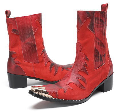 Mens Red Leather Flame Overlay Suede Block Heel Cowboy Western Boots