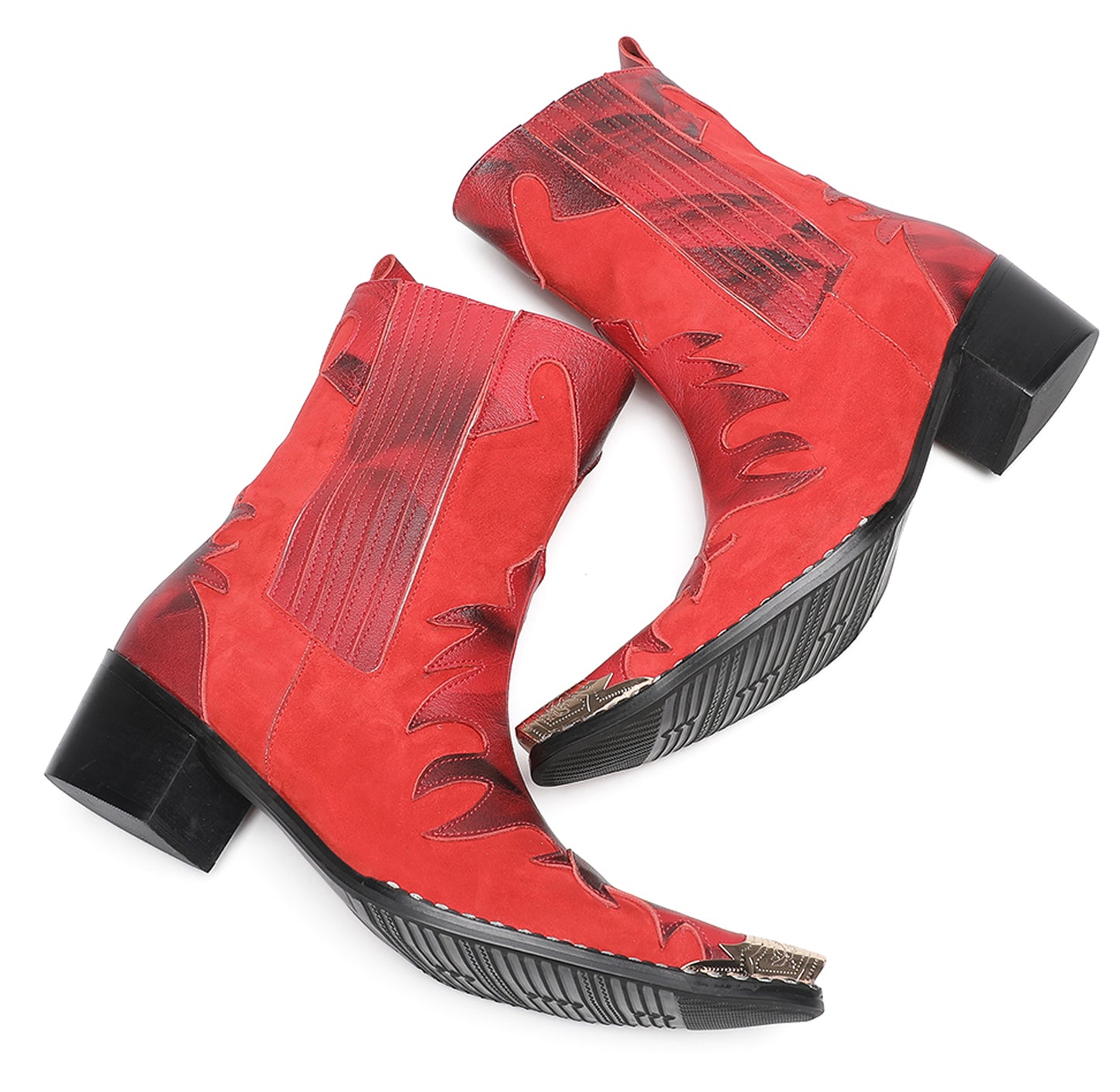 Mens Red Leather Flame Overlay Suede Block Heel Cowboy Western Boots