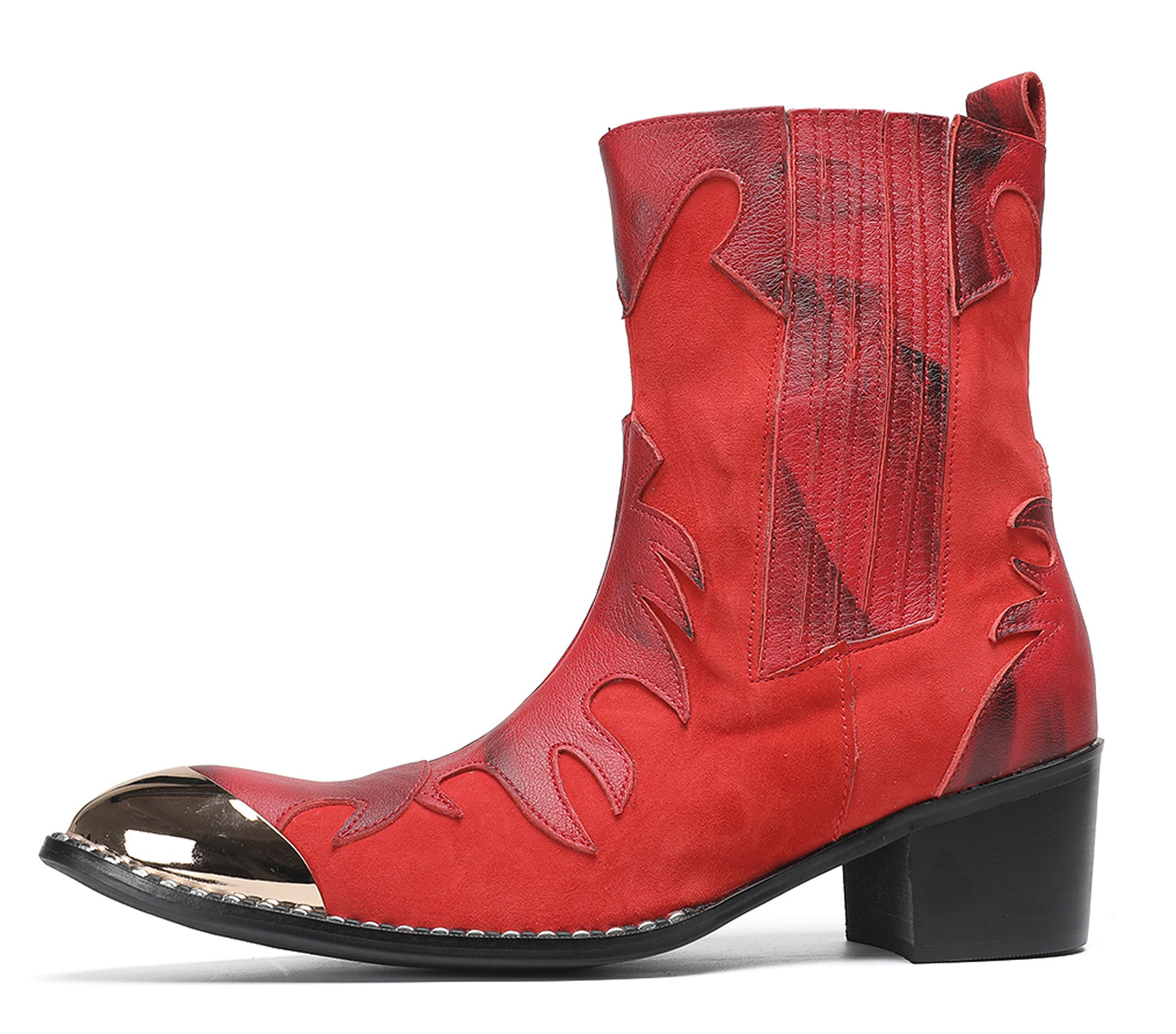 Mens Red Leather Flame Overlay Suede Block Heel Cowboy Western Boots