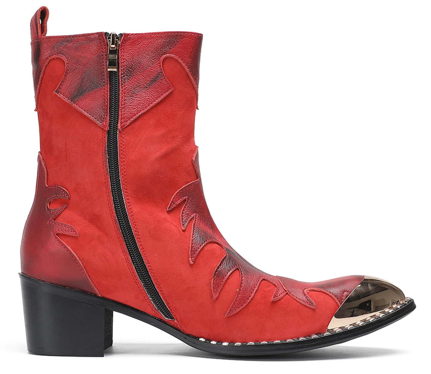 Mens Red Leather Flame Overlay Suede Block Heel Cowboy Western Boots