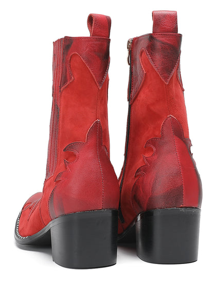 Mens Red Leather Flame Overlay Suede Block Heel Cowboy Western Boots