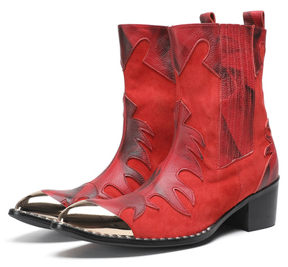 Mens Red Leather Flame Overlay Suede Block Heel Cowboy Western Boots