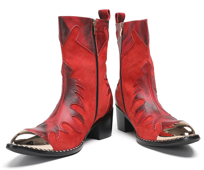 Mens Red Leather Flame Overlay Suede Block Heel Cowboy Western Boots