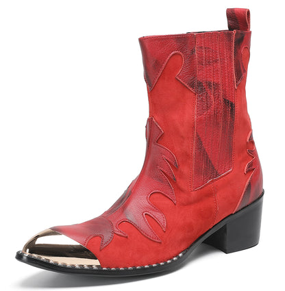 Mens Red Leather Flame Overlay Suede Block Heel Cowboy Western Boots