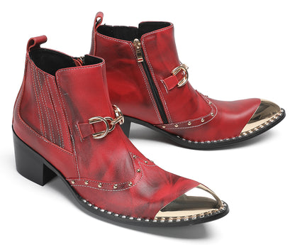 Mens Snake-Print Horsebit Buckle Studded Chelsea Western Boots