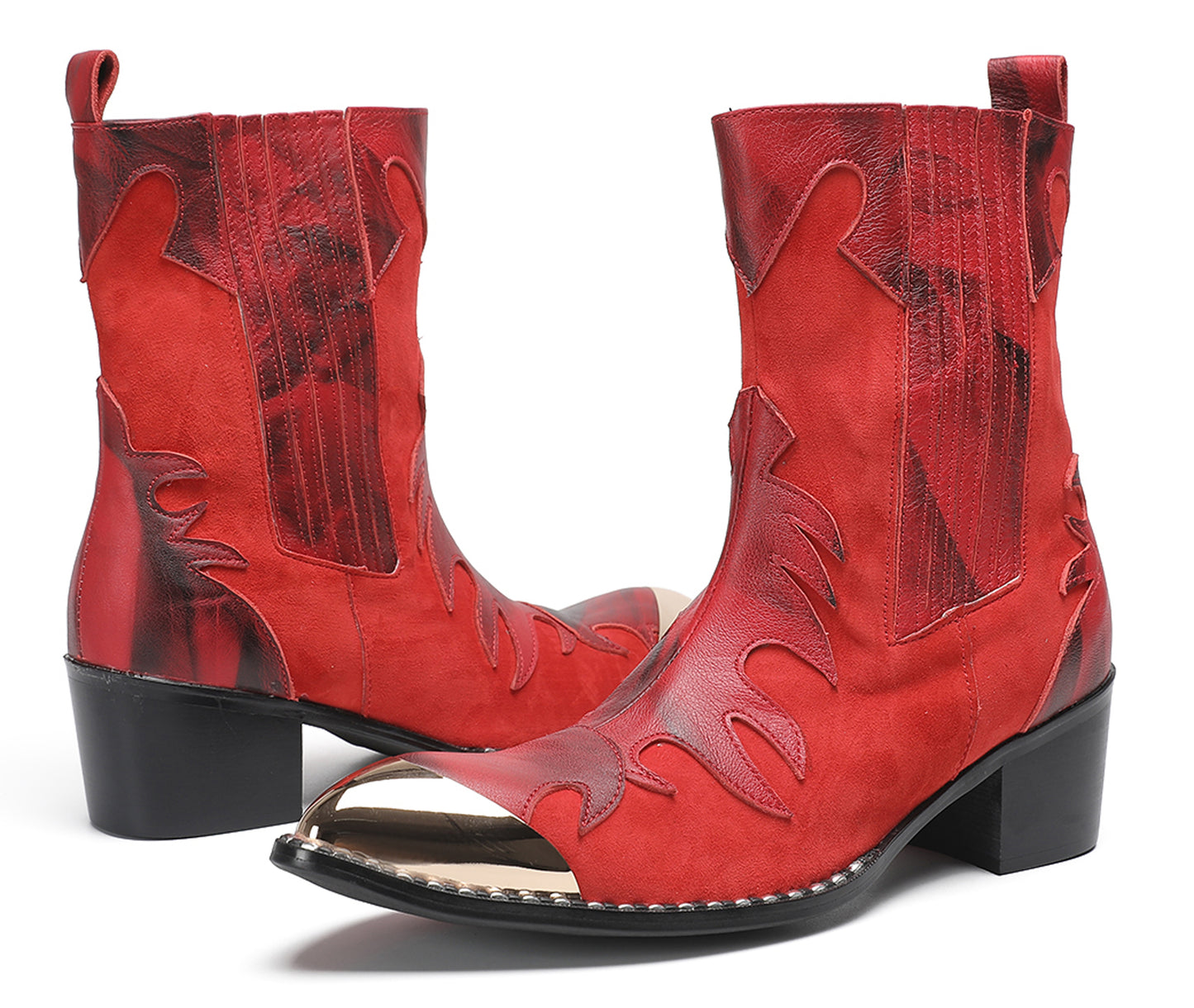 Mens Red Leather Flame Overlay Suede Block Heel Cowboy Western Boots