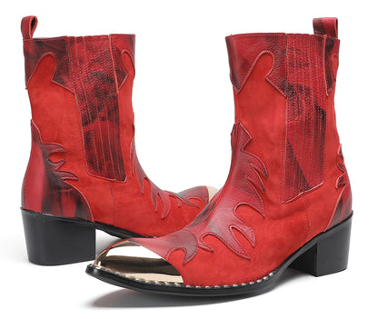 Mens Red Leather Flame Overlay Suede Block Heel Cowboy Western Boots