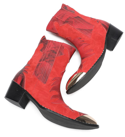 Mens Red Leather Flame Overlay Suede Block Heel Cowboy Western Boots