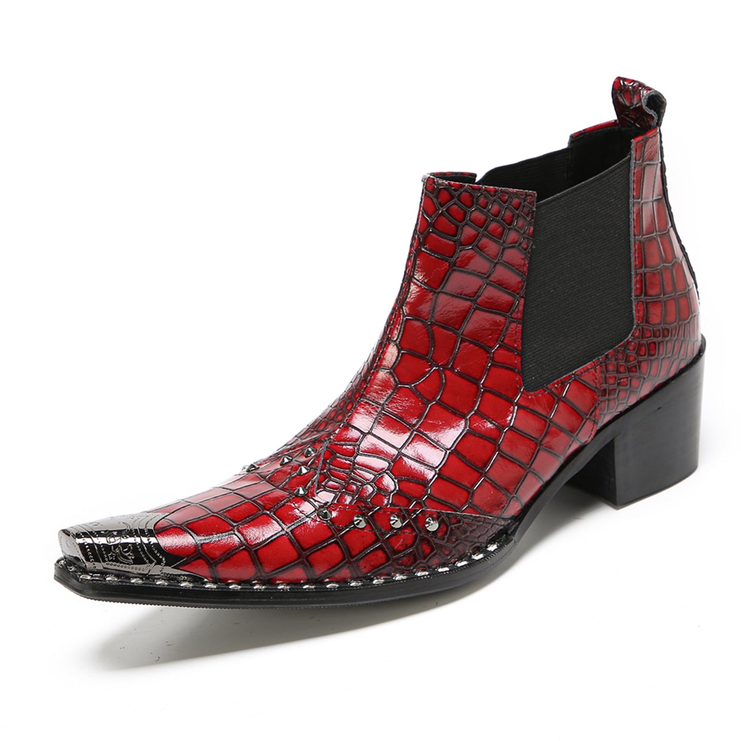 Mens Red Crocodile Print Party Dress Western Chelsea Boots