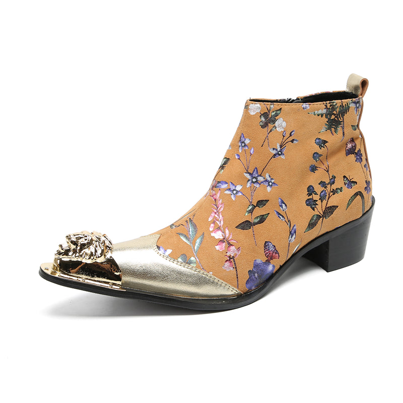 Mens Genuine Leather Metal-Wingtip Zipper Flowers Ankle Western Boots