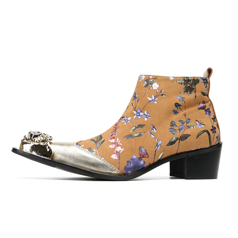 Mens Genuine Leather Metal-Wingtip Zipper Flowers Ankle Western Boots