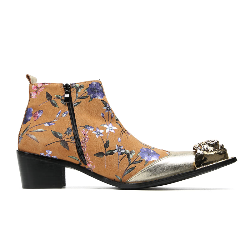 Mens Genuine Leather Metal-Wingtip Zipper Flowers Ankle Western Boots