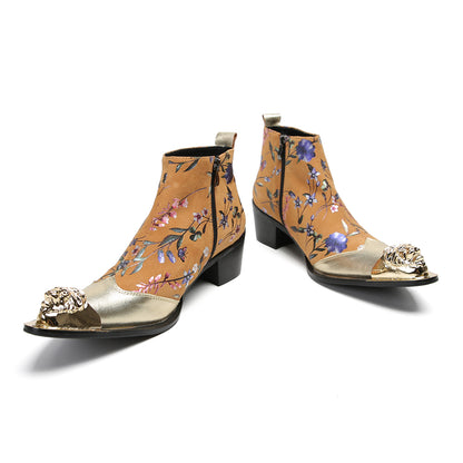 Mens Genuine Leather Metal-Wingtip Zipper Flowers Ankle Western Boots