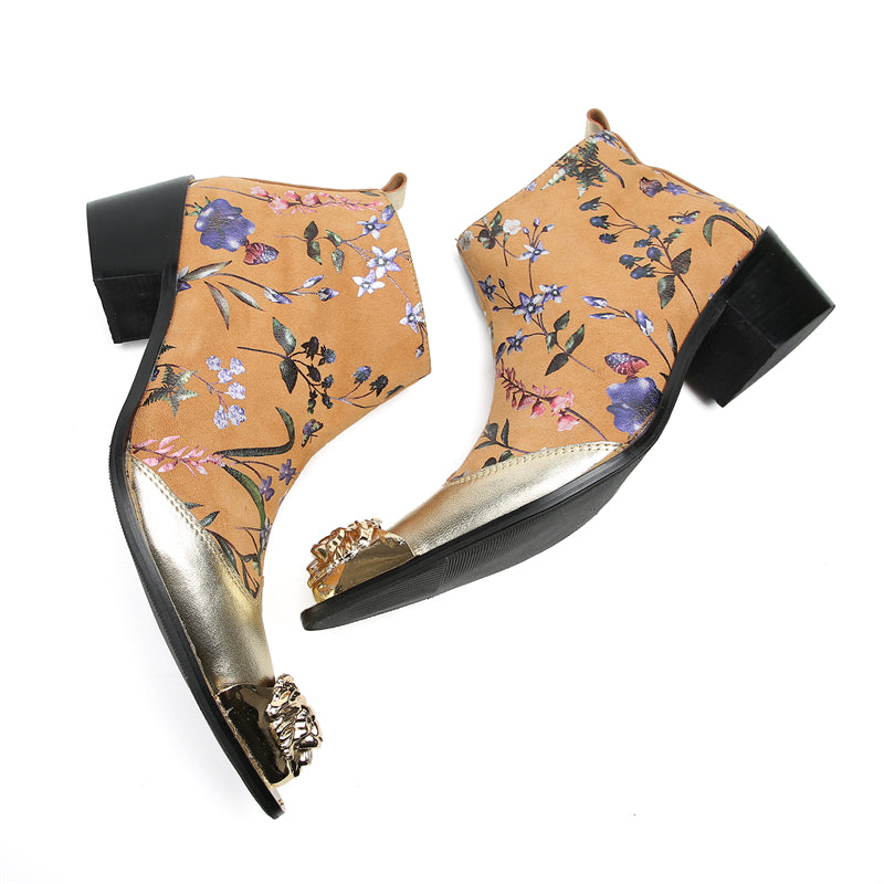 Mens Genuine Leather Metal-Wingtip Zipper Flowers Ankle Western Boots