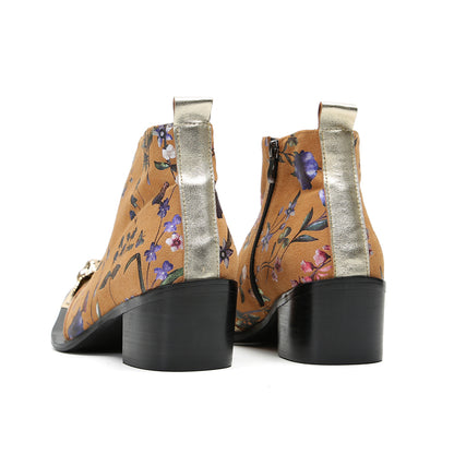 Mens Genuine Leather Metal-Wingtip Zipper Flowers Ankle Western Boots