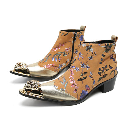 Mens Genuine Leather Metal-Wingtip Zipper Flowers Ankle Western Boots