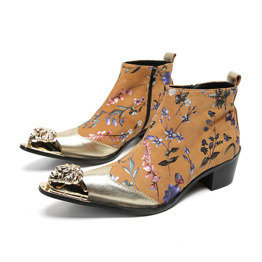 Mens Genuine Leather Metal-Wingtip Zipper Flowers Ankle Western Boots