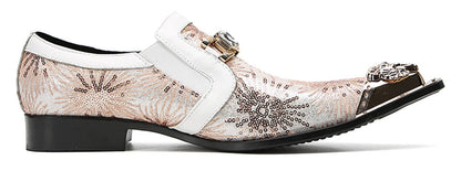 Mens Metal Tip Toe Sequins Fireworks White Diamond Chain Western Loafers