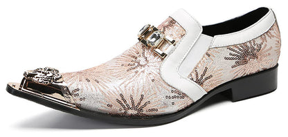 Mens Metal Tip Toe Sequins Fireworks White Diamond Chain Western Loafers