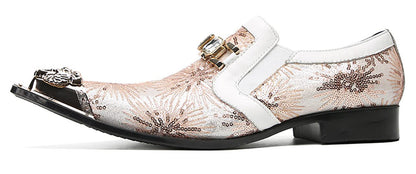Mens Metal Tip Toe Sequins Fireworks White Diamond Chain Western Loafers