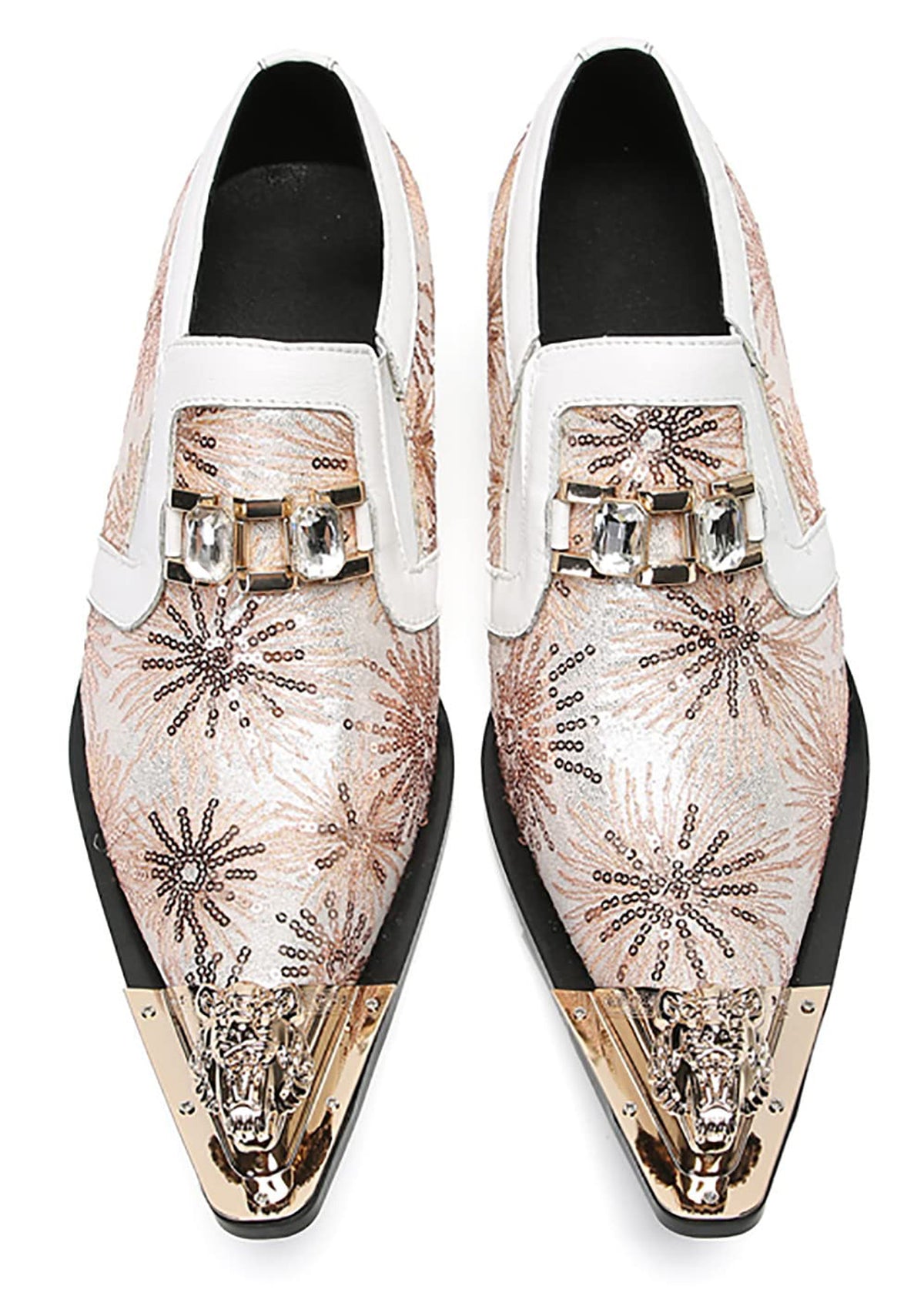 Mens Metal Tip Toe Sequins Fireworks White Diamond Chain Western Loafers