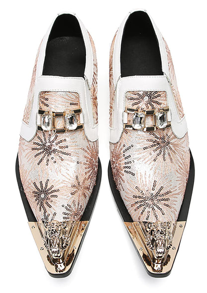 Mens Metal Tip Toe Sequins Fireworks White Diamond Chain Western Loafers