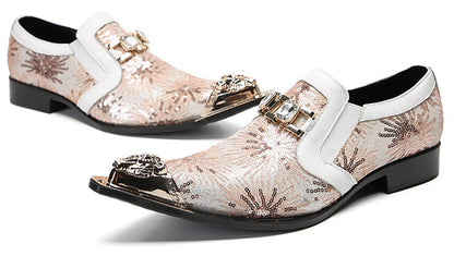 Mens Metal Tip Toe Sequins Fireworks White Diamond Chain Western Loafers