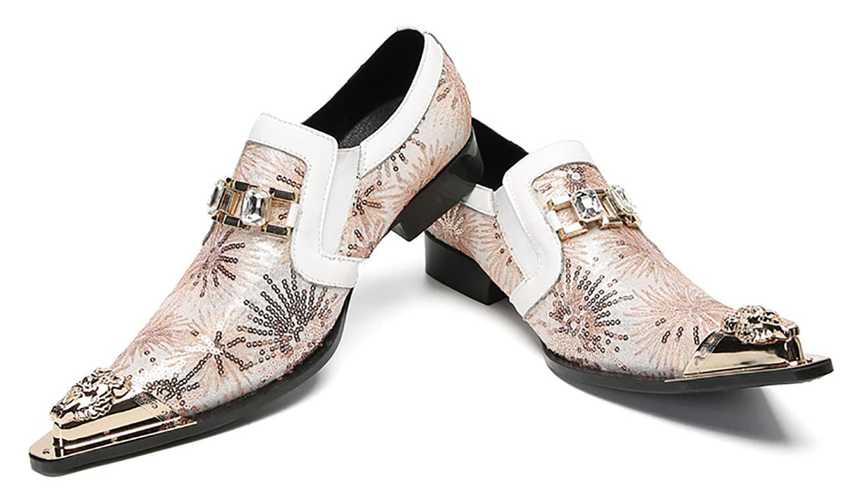 Mens Metal Tip Toe Sequins Fireworks White Diamond Chain Western Loafers