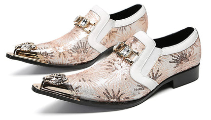Mens Metal Tip Toe Sequins Fireworks White Diamond Chain Western Loafers