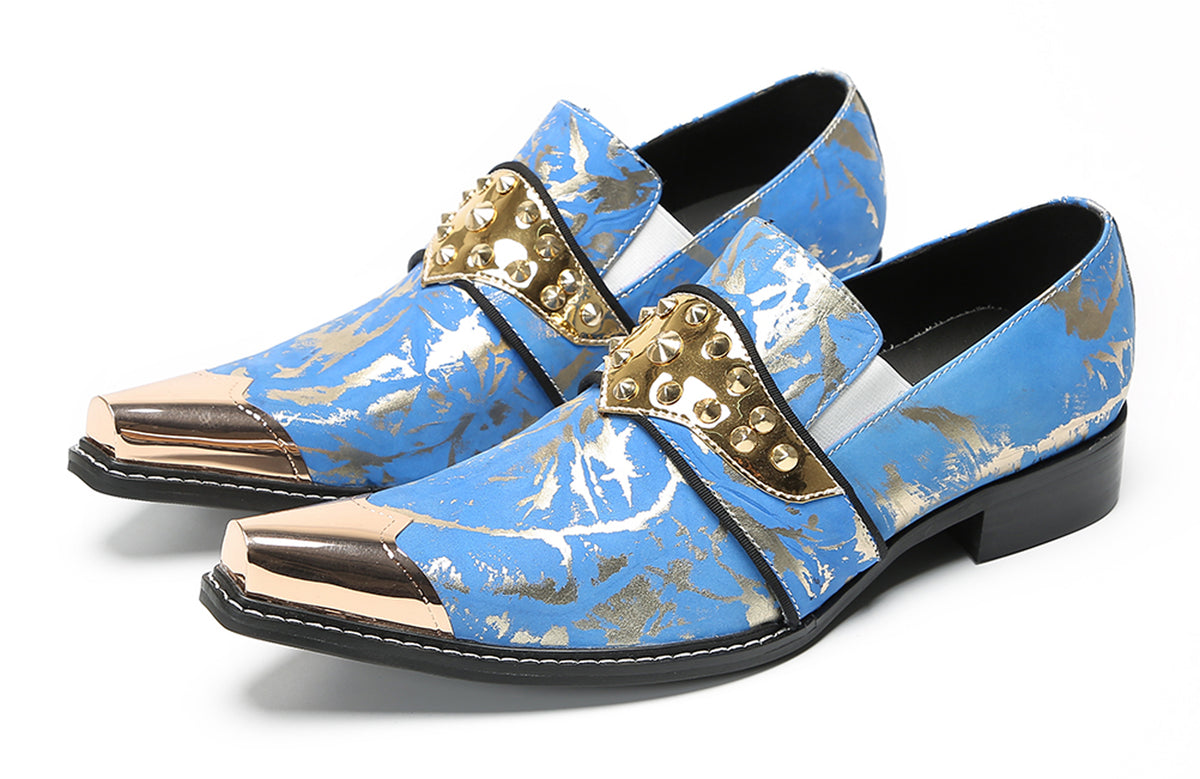 Mens Metal Toe Gold Studded Strap Snakeskin Pattern Western Loafers