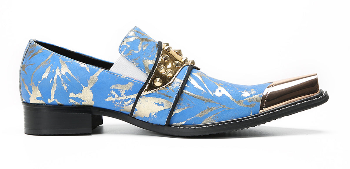 Mens Metal Toe Gold Studded Strap Snakeskin Pattern Western Loafers