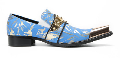 Mens Metal Toe Gold Studded Strap Snakeskin Pattern Western Loafers