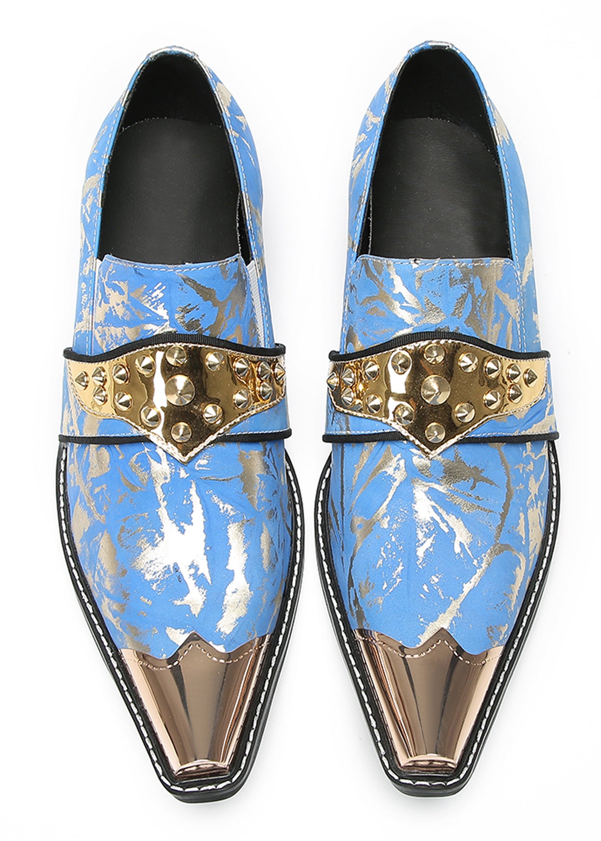 Mens Metal Toe Gold Studded Strap Snakeskin Pattern Western Loafers