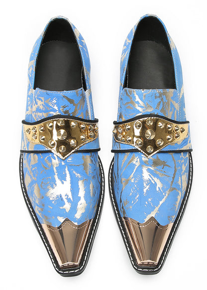 Mens Metal Toe Gold Studded Strap Snakeskin Pattern Western Loafers