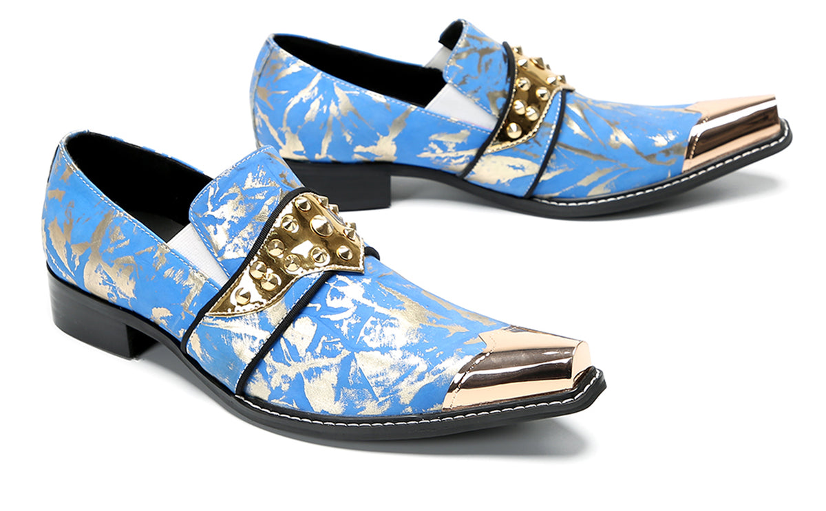 Mens Metal Toe Gold Studded Strap Snakeskin Pattern Western Loafers