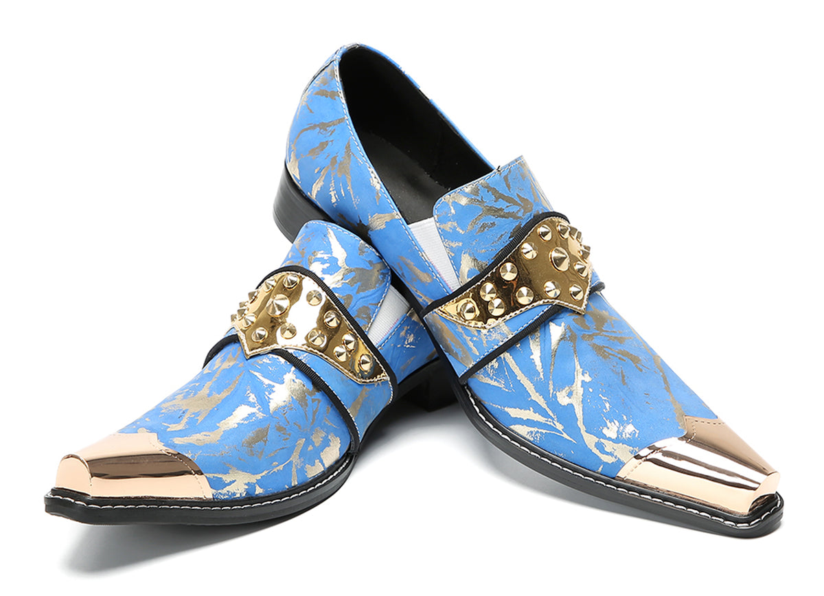Mens Metal Toe Gold Studded Strap Snakeskin Pattern Western Loafers