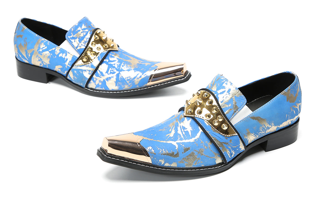 Mens Metal Toe Gold Studded Strap Snakeskin Pattern Western Loafers
