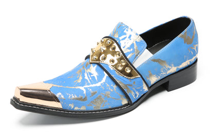 Mens Metal Toe Gold Studded Strap Snakeskin Pattern Western Loafers