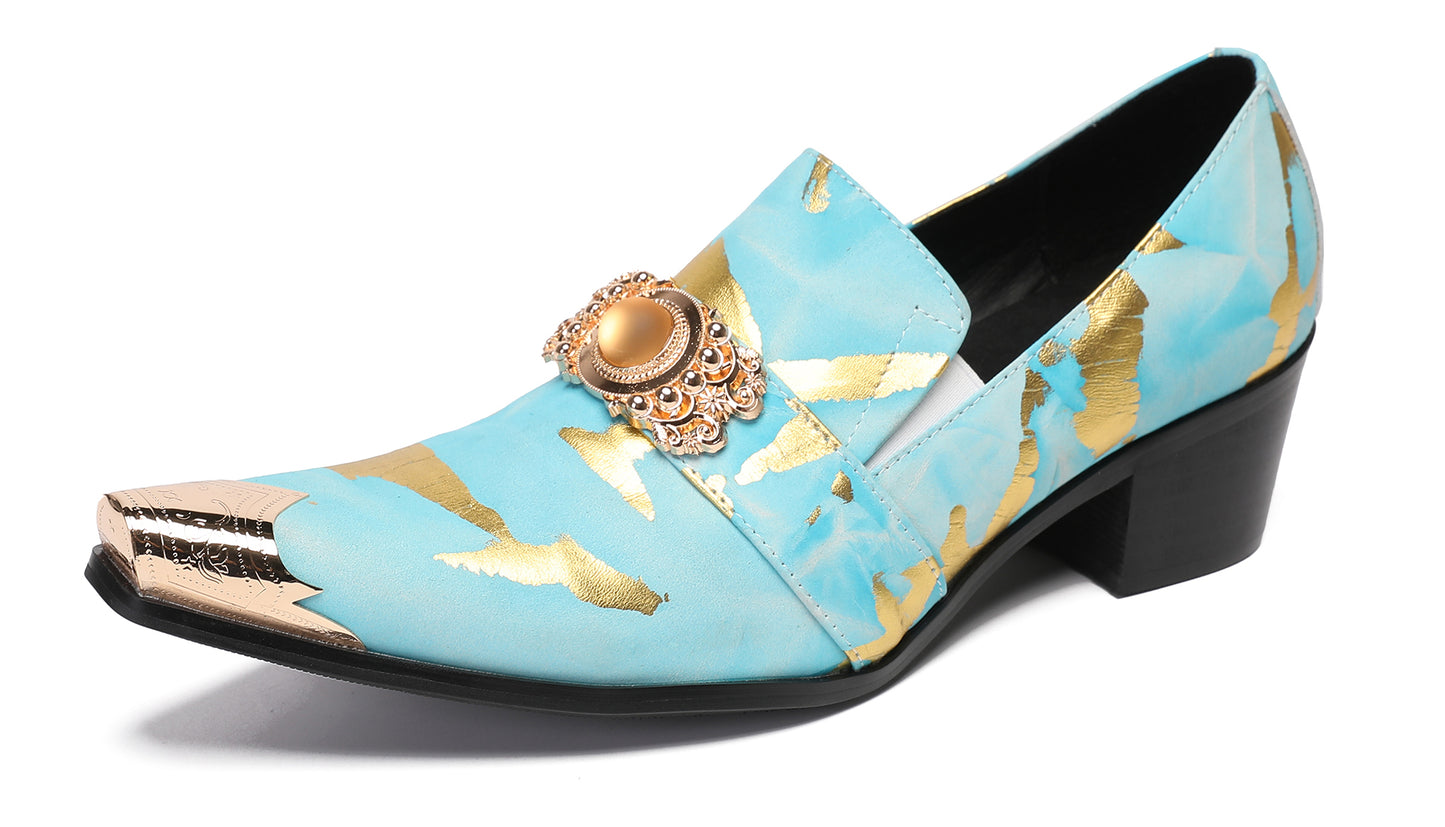Mens Metal-Tip Dragon Toe Leather Gold Beaded Western Loafers