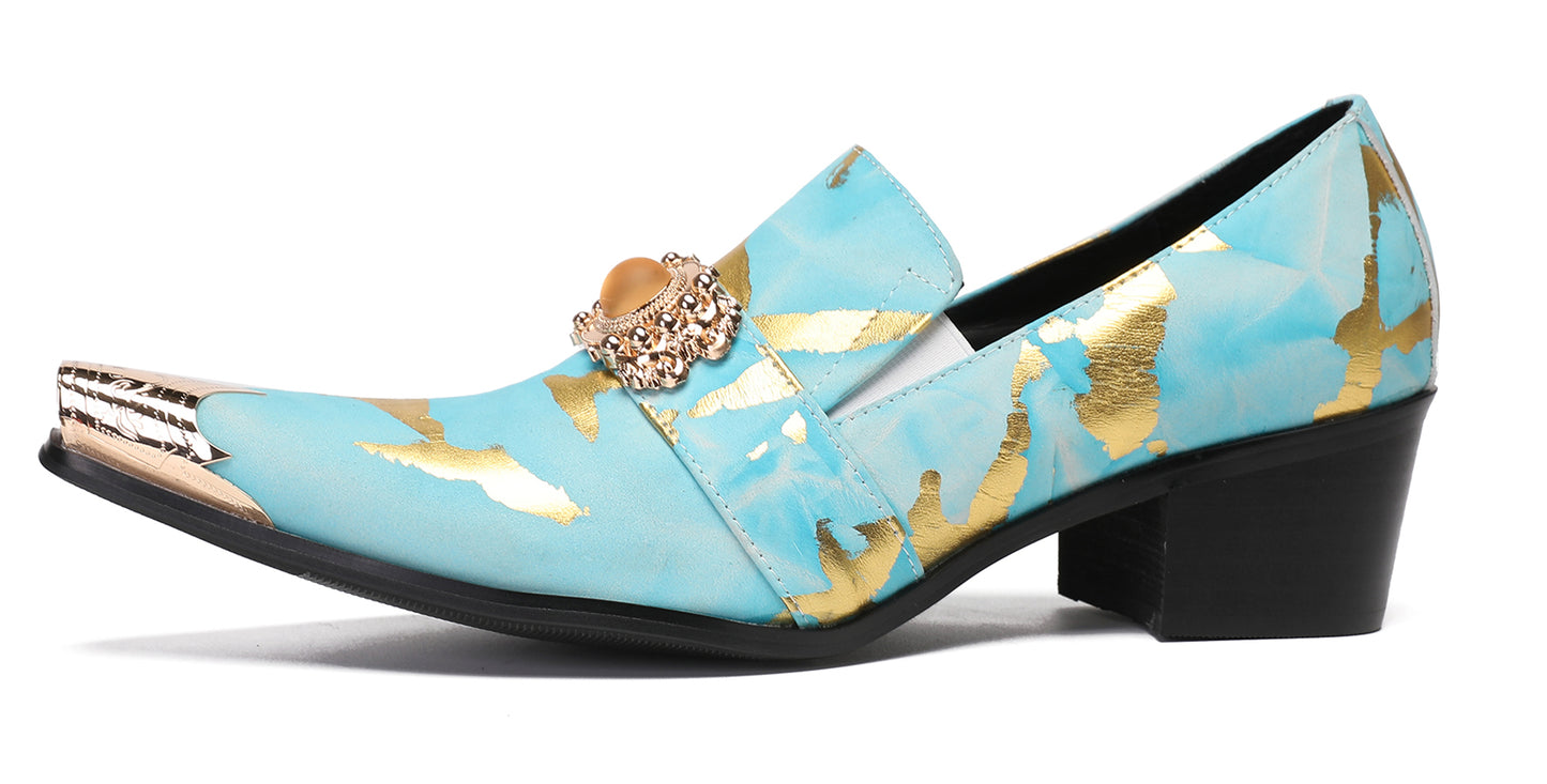 Mens Metal-Tip Dragon Toe Leather Gold Beaded Western Loafers