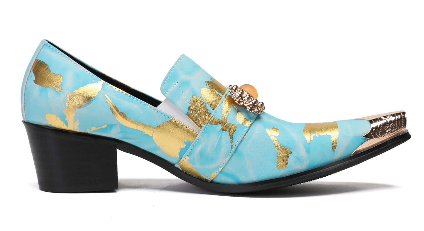 Mens Metal-Tip Dragon Toe Leather Gold Beaded Western Loafers