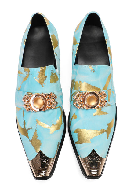 Mens Metal-Tip Dragon Toe Leather Gold Beaded Western Loafers
