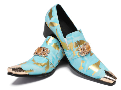 Mens Metal-Tip Dragon Toe Leather Gold Beaded Western Loafers