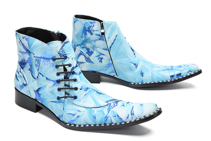 Mens Genunie Leather  Graffiti Zipper Slanted Shoelaces Oxfords Boots