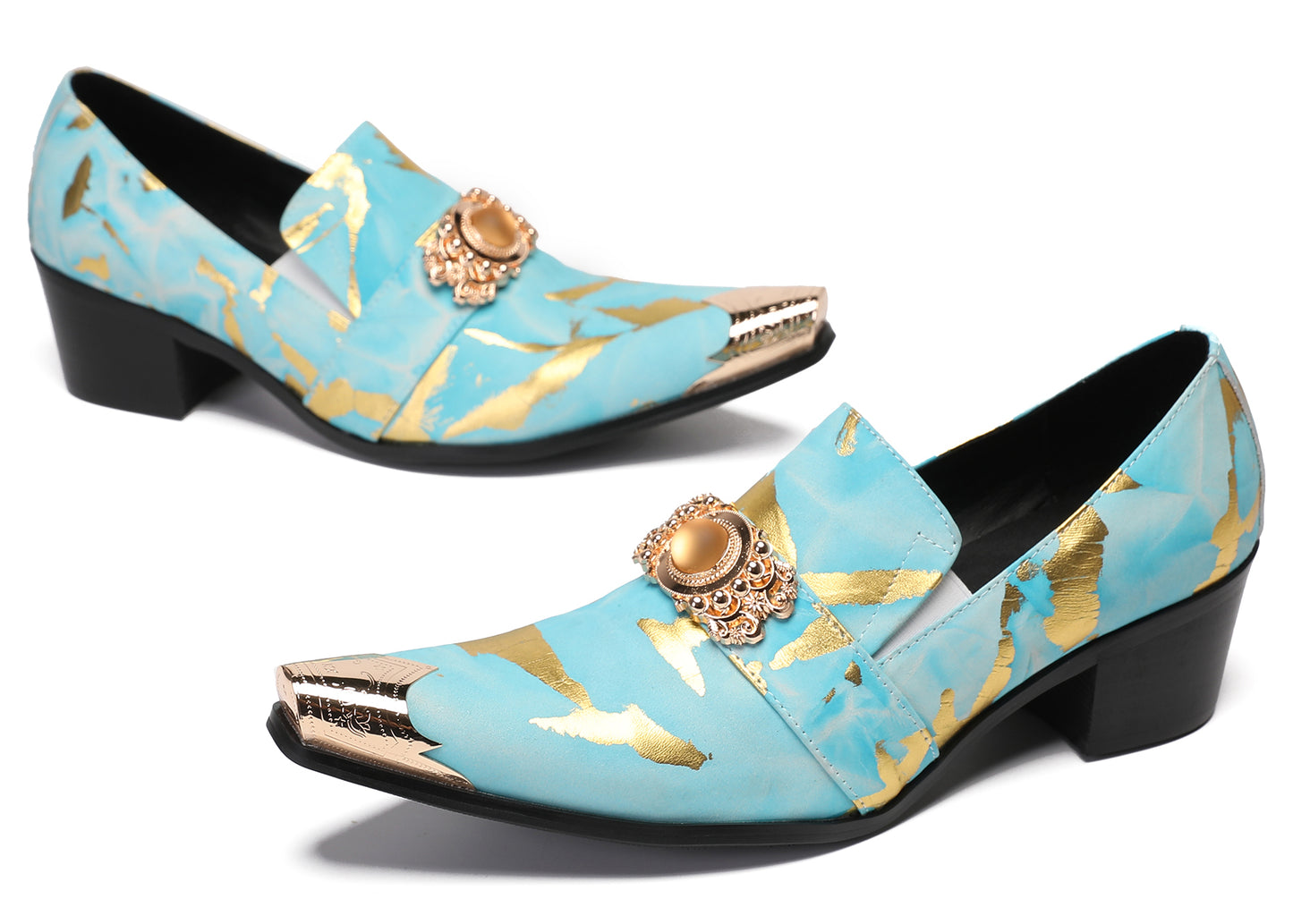 Mens Metal-Tip Dragon Toe Leather Gold Beaded Western Loafers